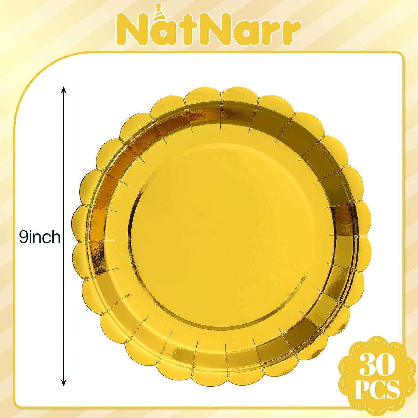 30 Pcs Gold Plates Disposable 9 Inch Scalloped Gold Paper Plates Dessert Cake Plate Cute Party Plate for Wedding, Birthday, Holiday