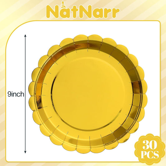 30 Pcs Gold Plates Disposable 9 Inch Scalloped Gold Paper Plates Dessert Cake Plate Cute Party Plate for Wedding, Birthday, Holiday