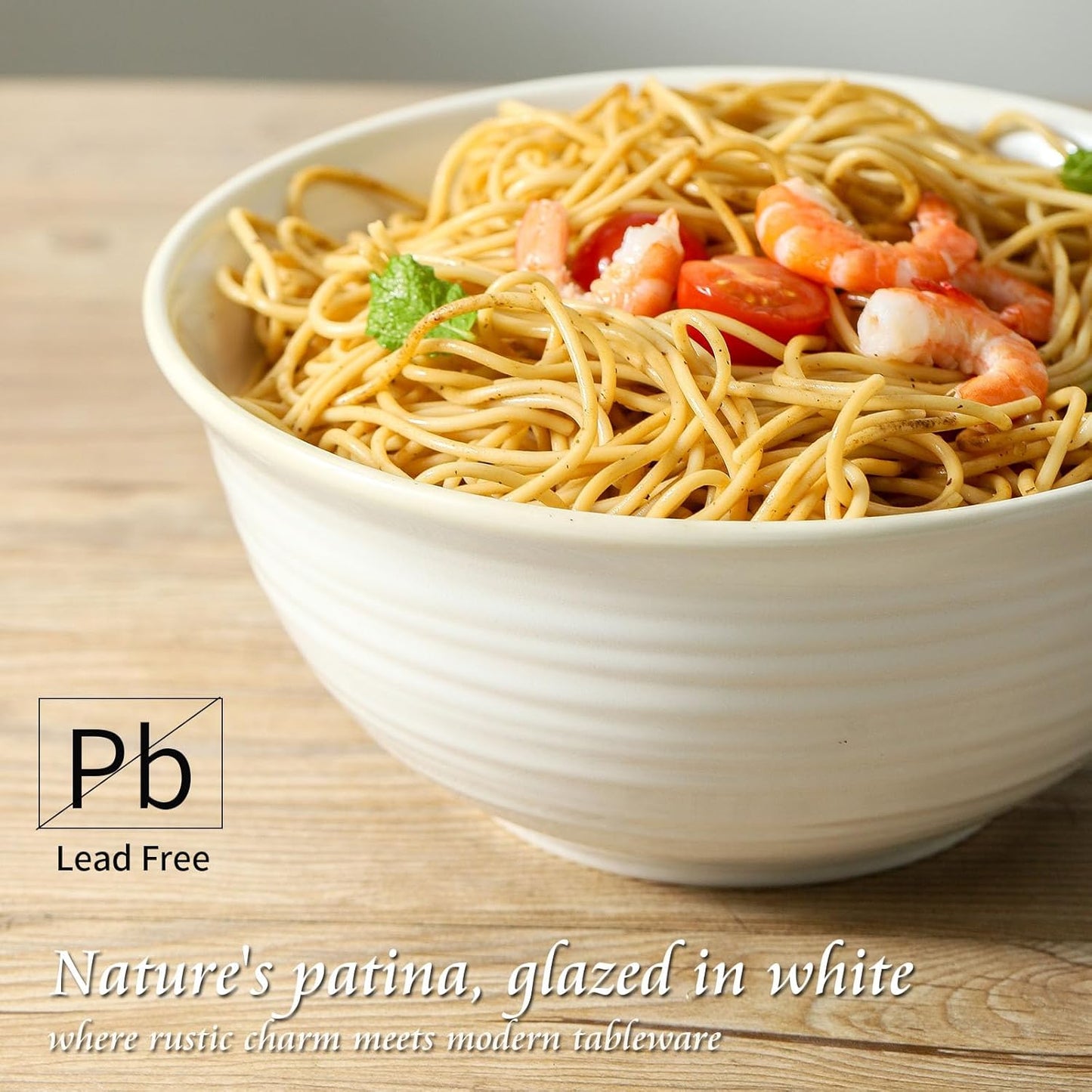 Hasense Serving Bowls, 9 Inch Ceramic Salad Bowls for Kitchen, 84 Ounce Mixing Bowl for Soup Pho Pasta Popcorn, Dishwasher & Microwave Safe, Set of 2(Clay-Infused White)