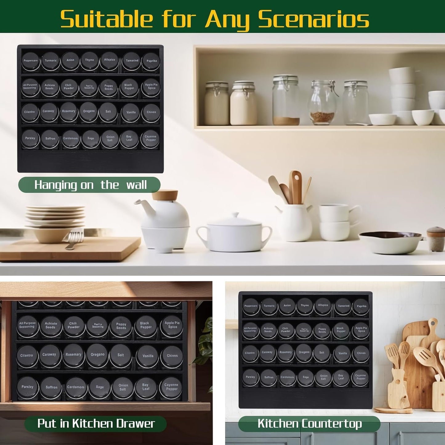 Bamboo Tiered Spice Rack Organizer for Cabinet,Wooden Seasoning Rack for Countertop, Cupboard, Pantry, Kitchen (Spice Jars Not Included)