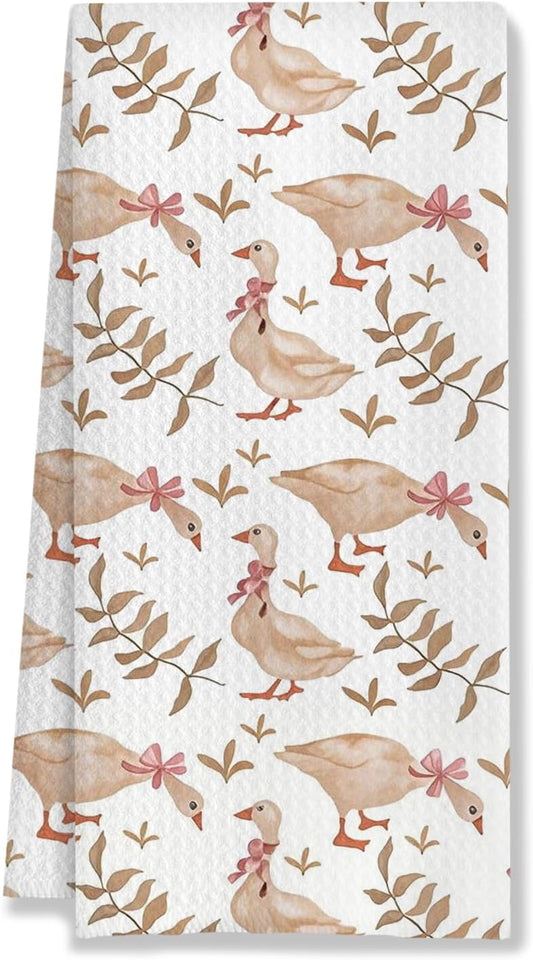 Coquette Pink Bow Silly Goose Kitchen Towels, Rustic Botanical Goose Decorative Hand Towels for Bathroom, Cottagecore Farm Animal Dish Tea Towels for Kitchen Decor, 16x24 Inches