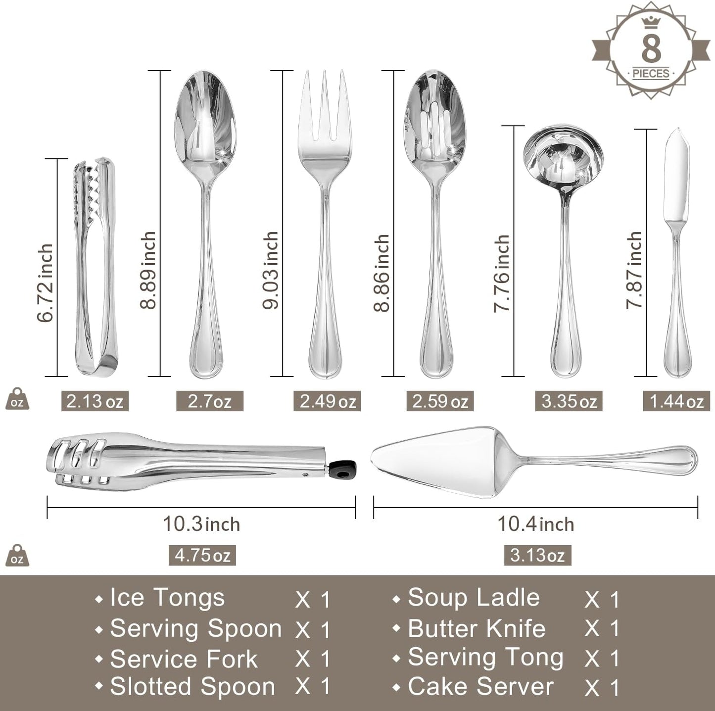 KINGSTONE 8 Piece Teardrop Serving Utensils Set, 18/10 Stainless Steel Serving Utensils, Slotted Spoons, Forks, Tongs, Cake Server, Butter Knife for Buffet, Catering, Wedding, Party