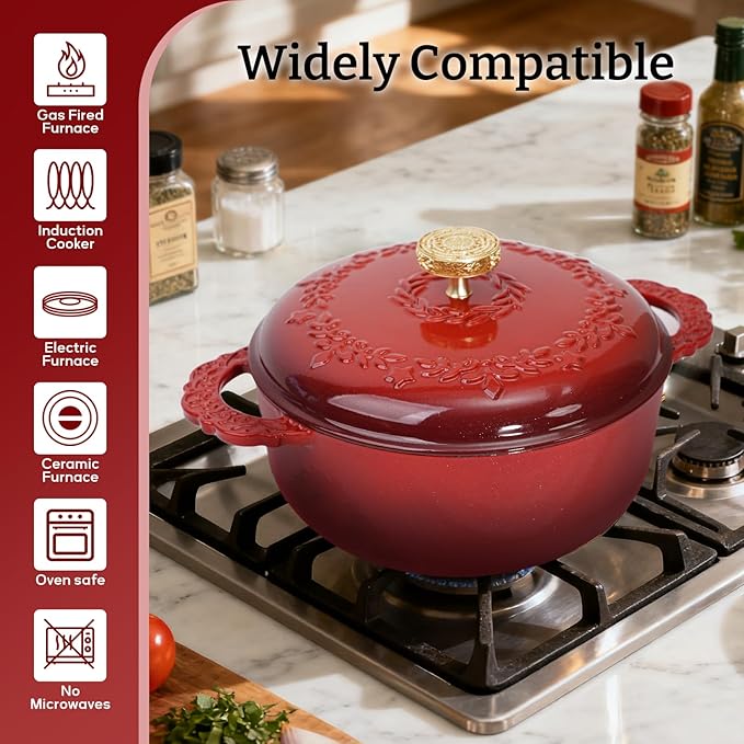 6 Quart Chip-resistant Enameled Cast Iron Dutch Oven Pot with Lid and Elegant Gold Hollow Knob With Handcrafted Inlaid Cubic Zirconia Detail, Safe For Bake,Stew, Braise, Boil, Deep Fry, Roast(Red)