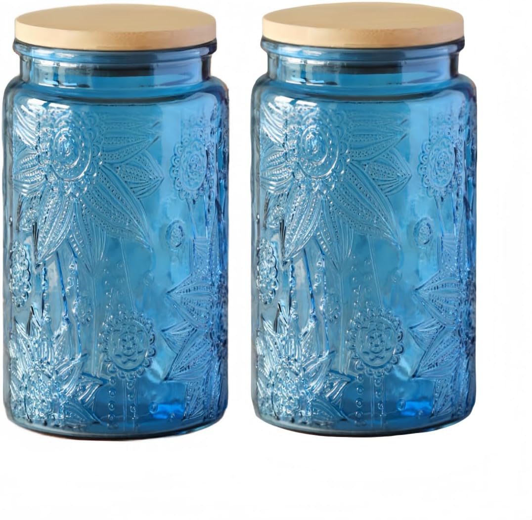 ANSQU Blue Glass Jars, 34oz Vintage Glass Kitchen Storage Counter Jar, Candy Jars with Lids, Decorative Mason Jars Hold Coffee Beans, Tea, Cookie, Sugar, Bath Salts (Blue, 2 Pack)