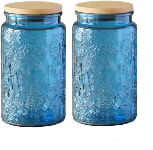ANSQU Blue Glass Jars, 34oz Vintage Glass Kitchen Storage Counter Jar, Candy Jars with Lids, Decorative Mason Jars Hold Coffee Beans, Tea, Cookie, Sugar, Bath Salts (Blue, 2 Pack)