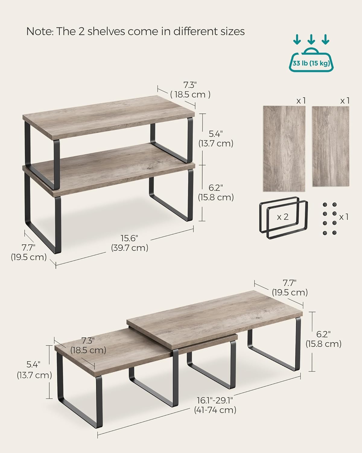 SONGMICS Cabinet Organizer Shelf, Set of 2 Kitchen Counter Shelves, Kitchen Storage, Spice Rack, Stackable, Expandable, Metal and Engineered Wood, Ink Black and Heather Greige UKCS200X02