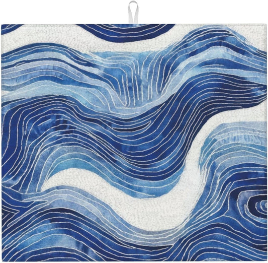 Blue White Wave Abstract Art Dish Drying Mat for Kitchen Counter & Sink, Absorbent Microfiber Ocean Drying Pad for Dishes, Foldable Nautical Modern Kitchen Mat for Dining Area & Home Decor, 16" x 18"