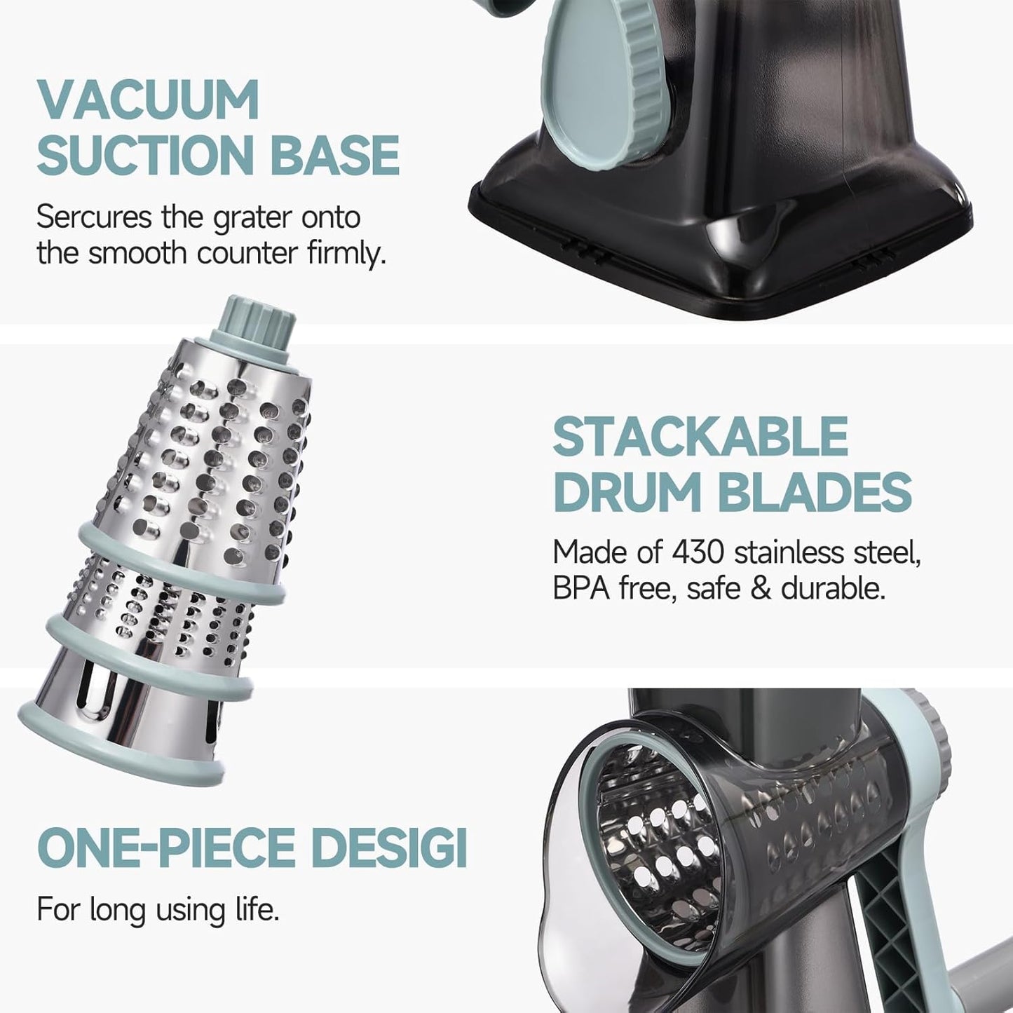Rotary Cheese Grater with Handle Kitchen Shredder Slicer Grater Slicer Ice Shaver Cheese Vegetable Nuts Potato Zucchini Chocolate 3 Interchangeable Blades (GreyBlue)