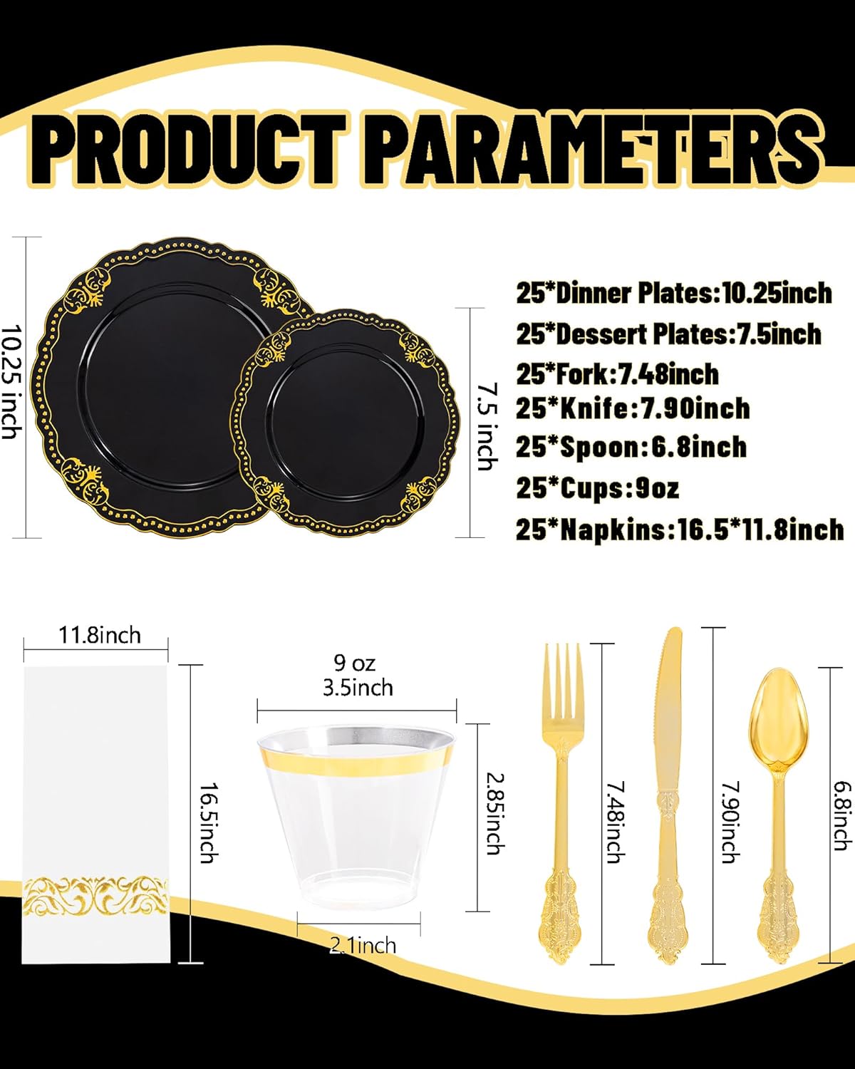 Ciaell 175 PCS Black and Gold Plastic Plates - Black Disposable Dinnerware Set with 50 Plates, 25 Knives, 25 Forks, 25 Spoons, 25 Cups, 25 Napkins for Halloween, New Year’s Day, Parties and Weddings