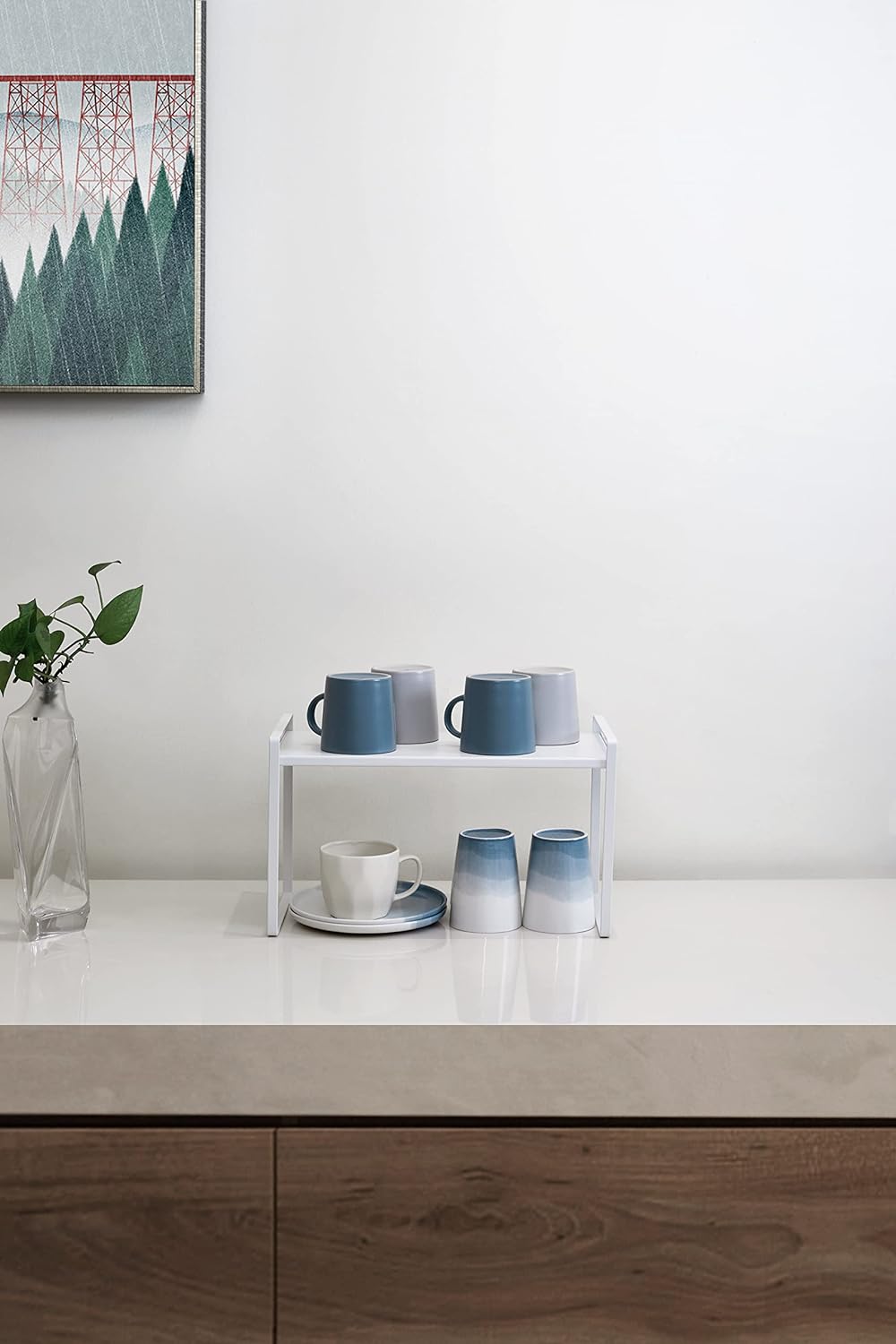 Nxconsu 2Pack Cabinet Shelves Stackable Organizer Rack Riser for Kitchen Cabinet Pantry Cupboard Counter Countertop Home Organization Storage Space Saver Heavy Duty Metal Nonslip White Tall