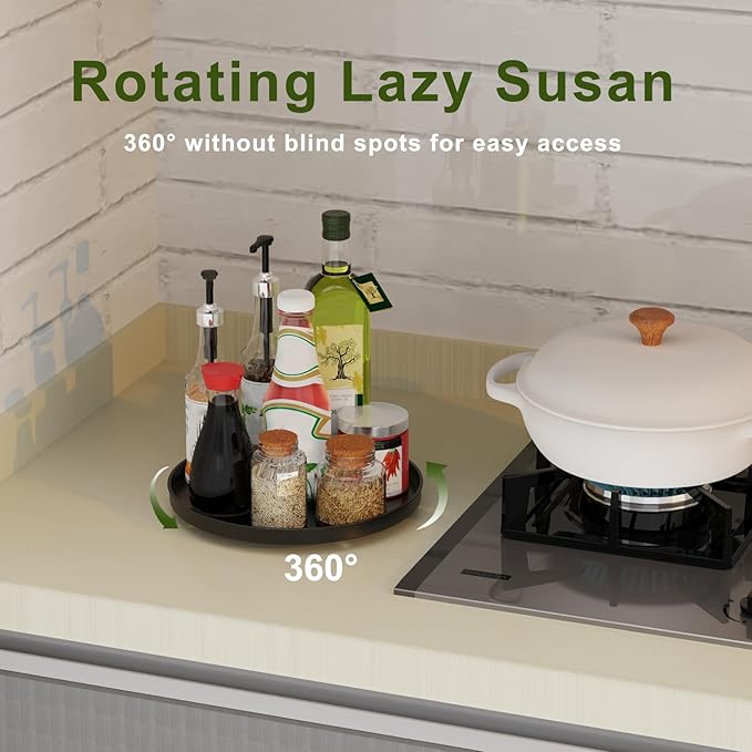 2 Pack Lazy Susan Organizer Turntable for Cabinet, Black 9 Inch Rotating Tray for Table Top, Round Non-Skid Refrigerator Lazy Susan, Kitchen Organizers and Storage for Pantry Countertop Bathroom