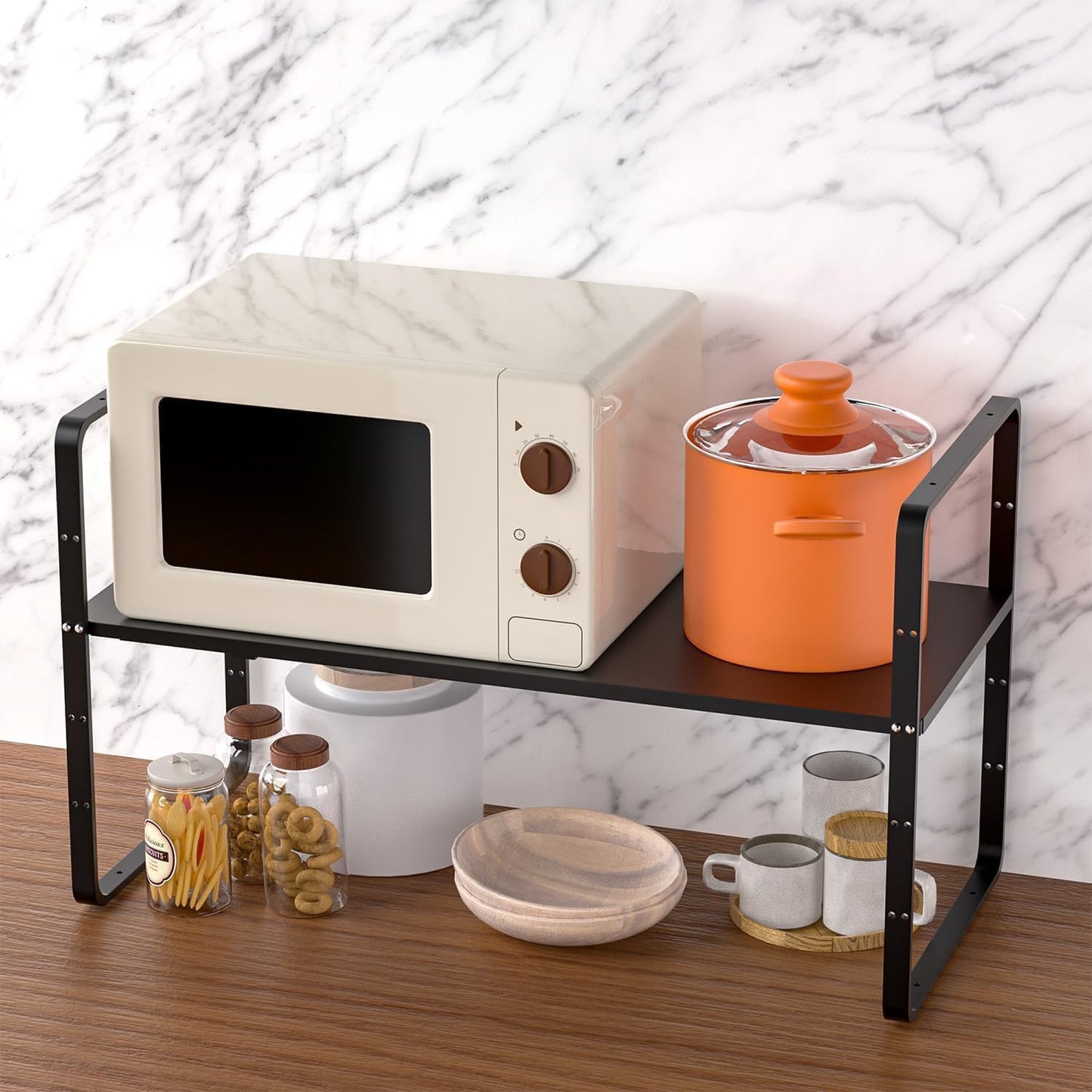 Redrubbit Expandable Cabinet Shelf Organizers, Stackable Kitchen Counter Shelves Spice Rack for Kitchen Bathroom Pantry Cupboard Desk Home Office, Metal Plate Heavy Duty Nonslip Black, Set of 2