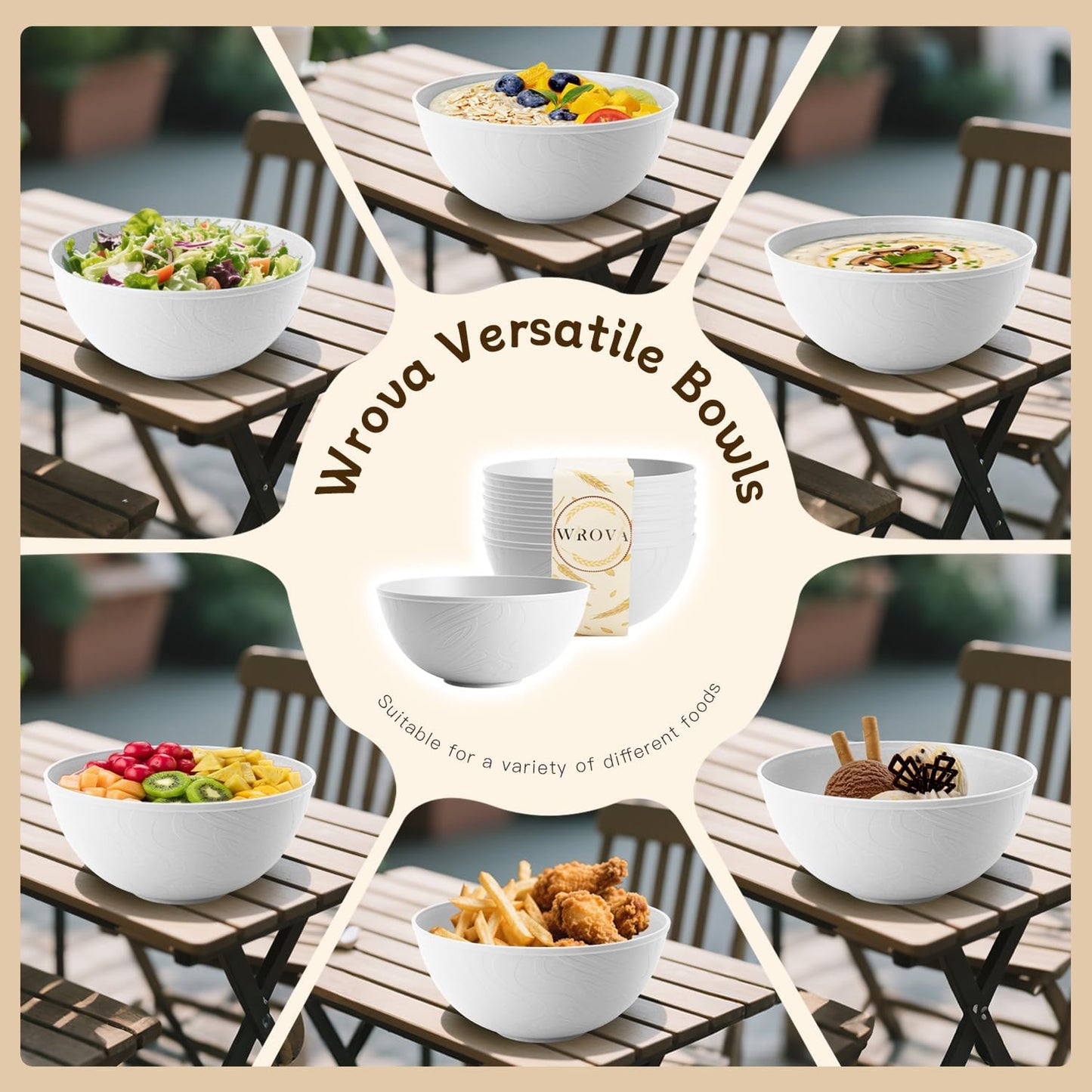 Wrova White Wheat Straw Bowls for Cereal and Salad,Alternative Plastic Bowls Set of 6,40oz Unbreakable Soup Bowls suitable for Kitchen,Party,Camping and R.V.