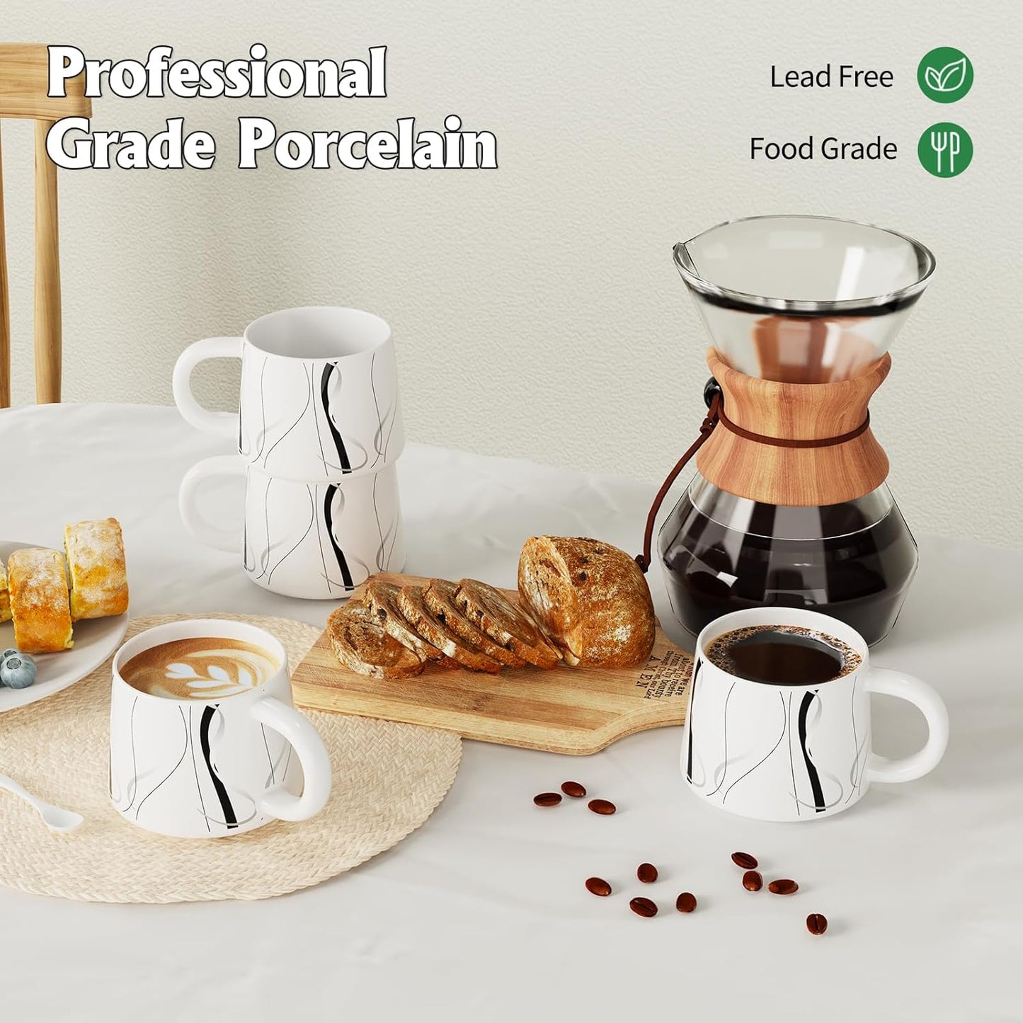 12 oz Coffee Mugs Set of 4, Modern Stackable Coffee Cups Set for Latte, Hot Tea, Cappuccino, Ceramic Coffee Mug Tea Cup, Dishwasher & Microwave Safe, Housewarming Wedding Present (White)