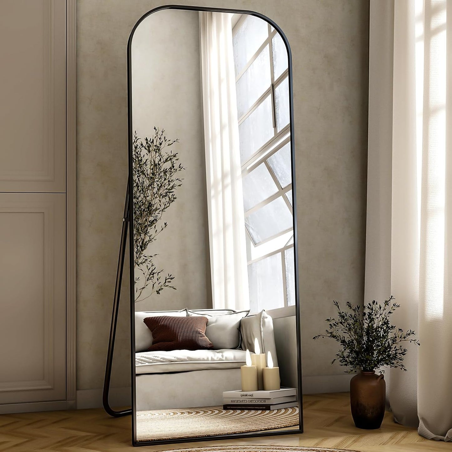 56x21 Inch Full Length Mirror - Large Floor Standing & Wall Mountable Full Body Mirror with Sturdy Aluminum Frame, Arched Top Design, Freestanding or Hanging for Bedroom, Living Room, Cloakroom,Black