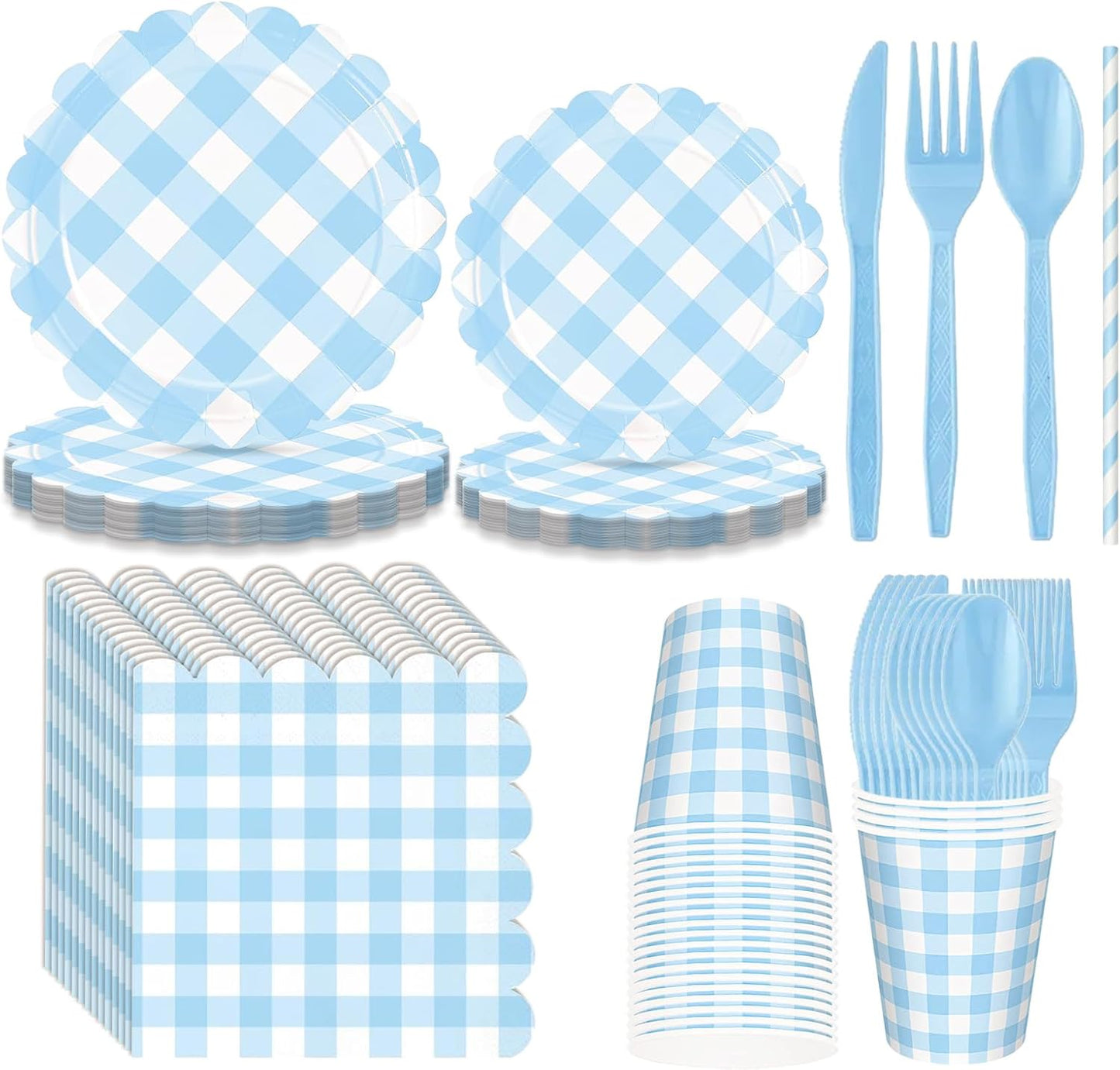 192 PCS Gingham Party Supplies Serve 24 Guests Gingham Plates and Napkins and Cups for Birthday Decorations Baby Shower Checkered Party Supplies Dinnerware Sets for Girl Boy Light Blue