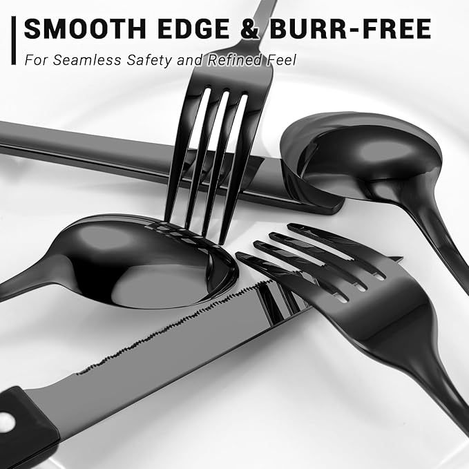 BEWOS 72-Pieces Black Silverware Set for 12 - Stainless Steel Flatware Set with Mirror Polish, Black Silverware Set Including Steak Knives, Forks and Spoons, Dishwasher Safe for Restaurant