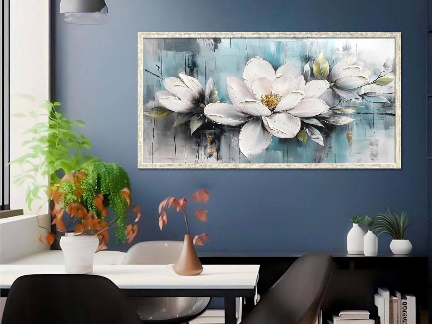Ardemy Magnolia Wall Art Framed Large Canvas Wall Decor Living Room, White Floral Pictures Wall Decor Teal Paintings FlowerTextured Artwork for Bedroom Dining Room Home Office, 40"x20"