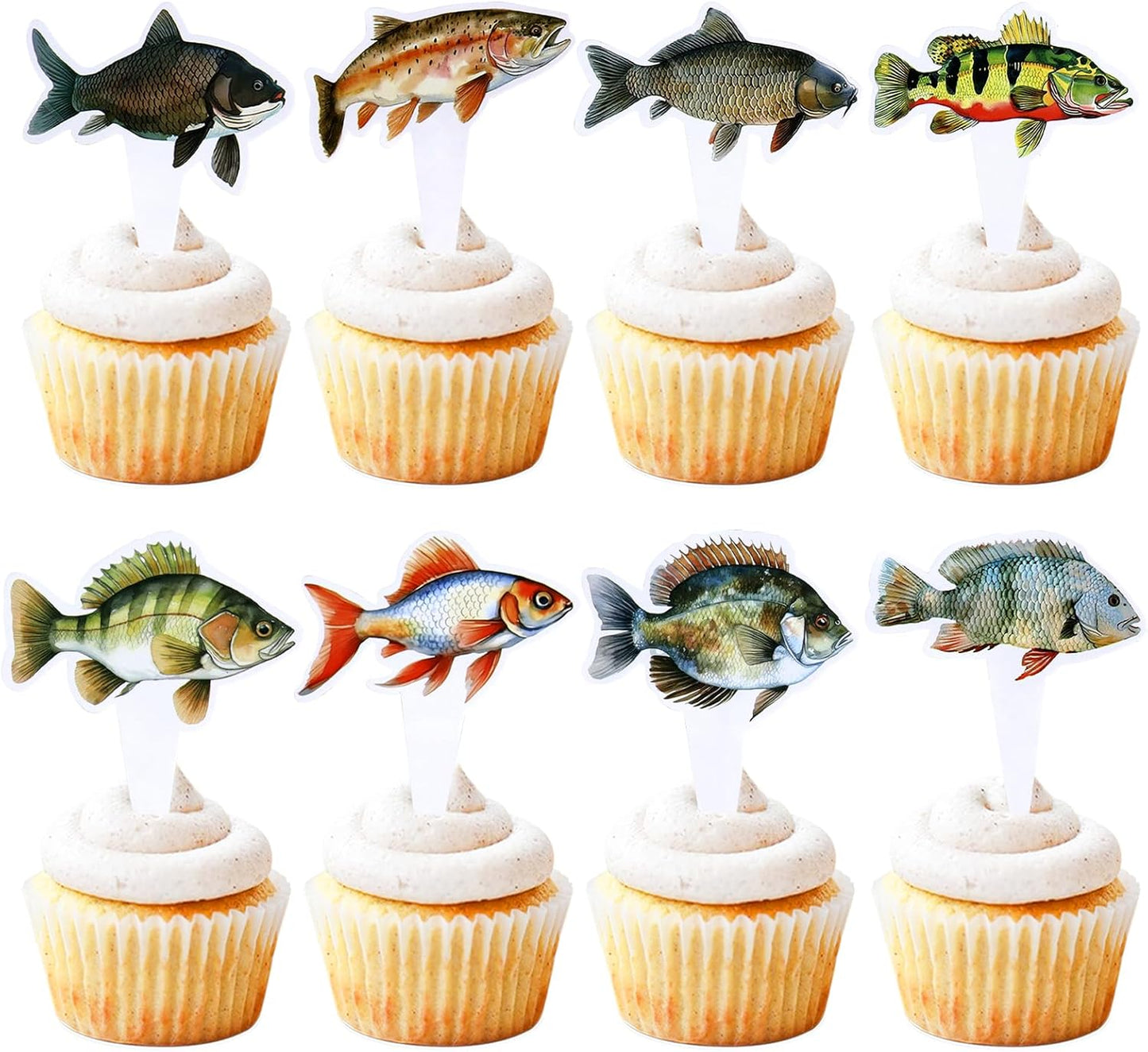24pcs Fish Cupcake Toppers Go Fishing Theme Decorations Baby Shower Boys Girls Happy Birthday Party Tropical Party Cake Picks Under The Sea Decoration Supplies（two-sided）