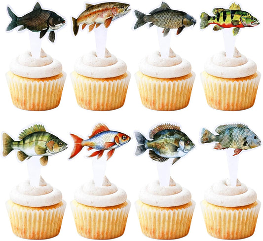 24pcs Fish Cupcake Toppers Go Fishing Theme Decorations Baby Shower Boys Girls Happy Birthday Party Tropical Party Cake Picks Under The Sea Decoration Supplies（two-sided）