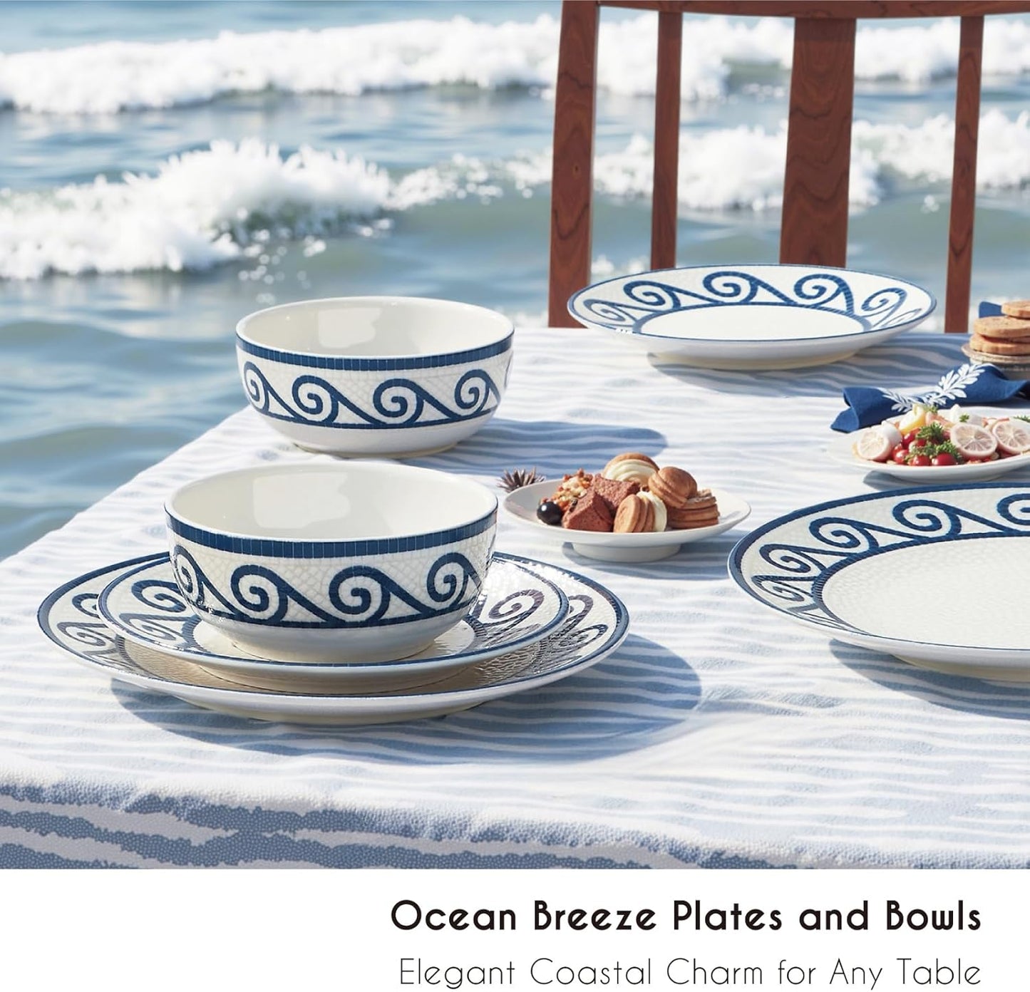 12-Piece Dinnerware Set for 4, Stoneware Kitchen Plates & Bowls Set, Coastal Dinnerware Sets, Microwave & Dishwasher Safe Scratch Resistant, Vintage Dishware Set for Everyday Use & Family Meals