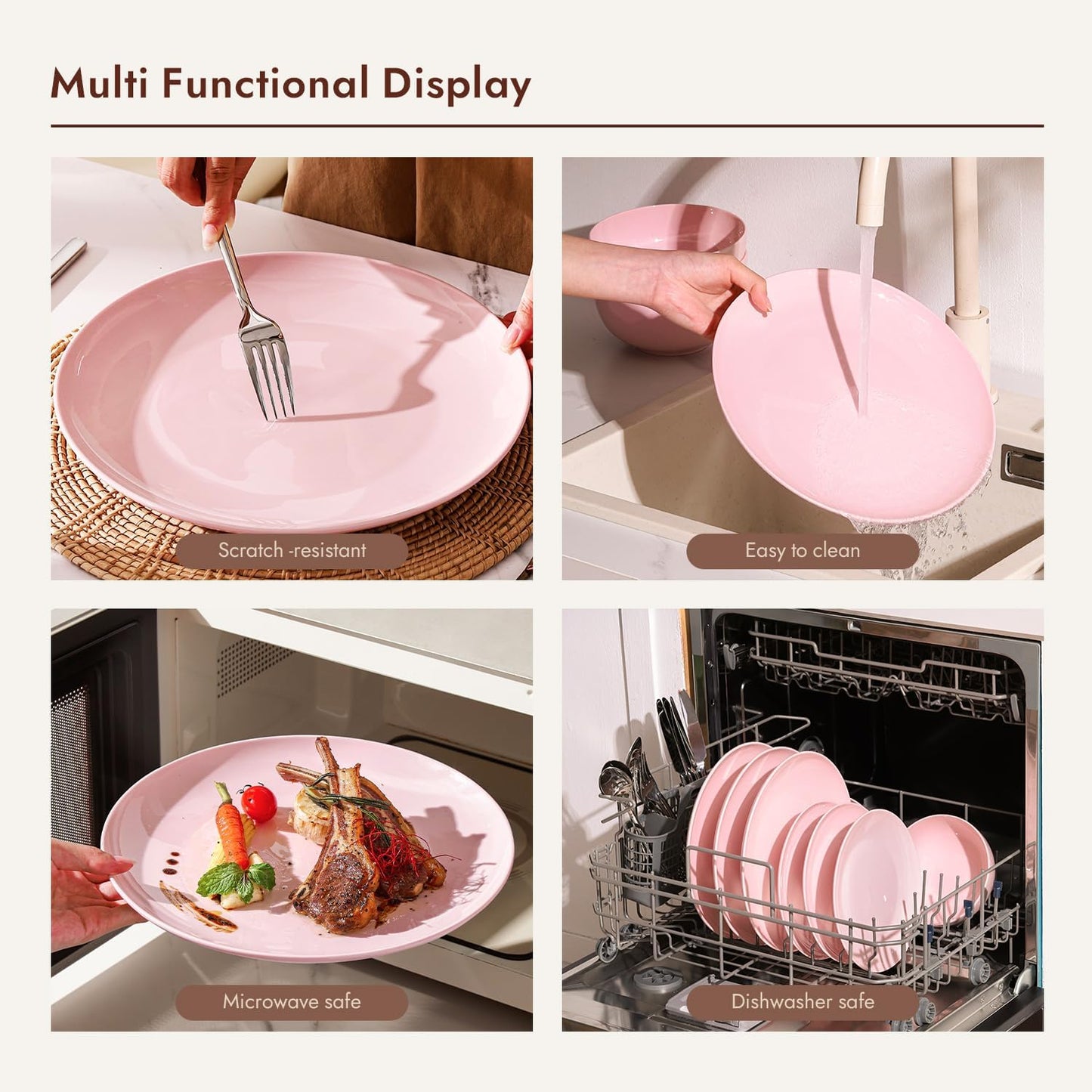 KINGSTONE Bone China Dinnerware Sets, 18-Piece Dinnerware Set for 6, Lightweight Durable, Dishwasher Safe, Tableware for Daily Use with Elegant Design, Pink