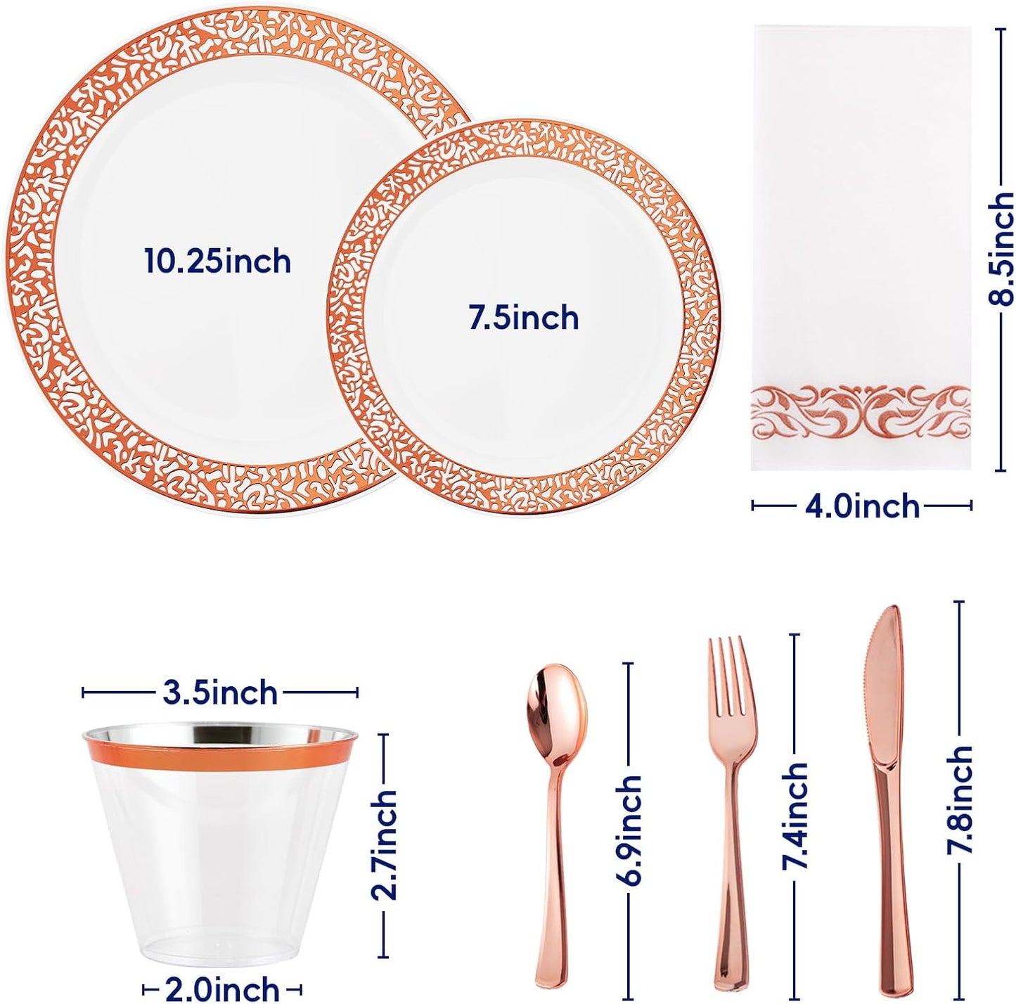 𝟮𝟭𝟬 Count Rose Gold Plastic Dinnerware Disposable Plates 30 Dinner & 30 Dessert Plates & 30 Cups & 30 Rose Gold Paper Napkins & 30 Plastic Silverware Set