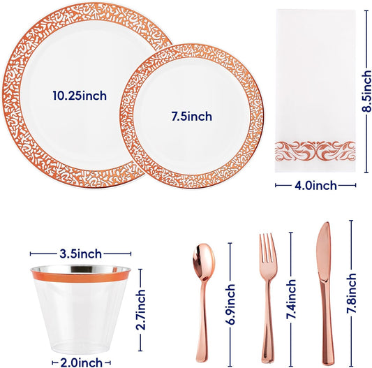 𝟮𝟭𝟬 Count Rose Gold Plastic Dinnerware Disposable Plates 30 Dinner & 30 Dessert Plates & 30 Cups & 30 Rose Gold Paper Napkins & 30 Plastic Silverware Set