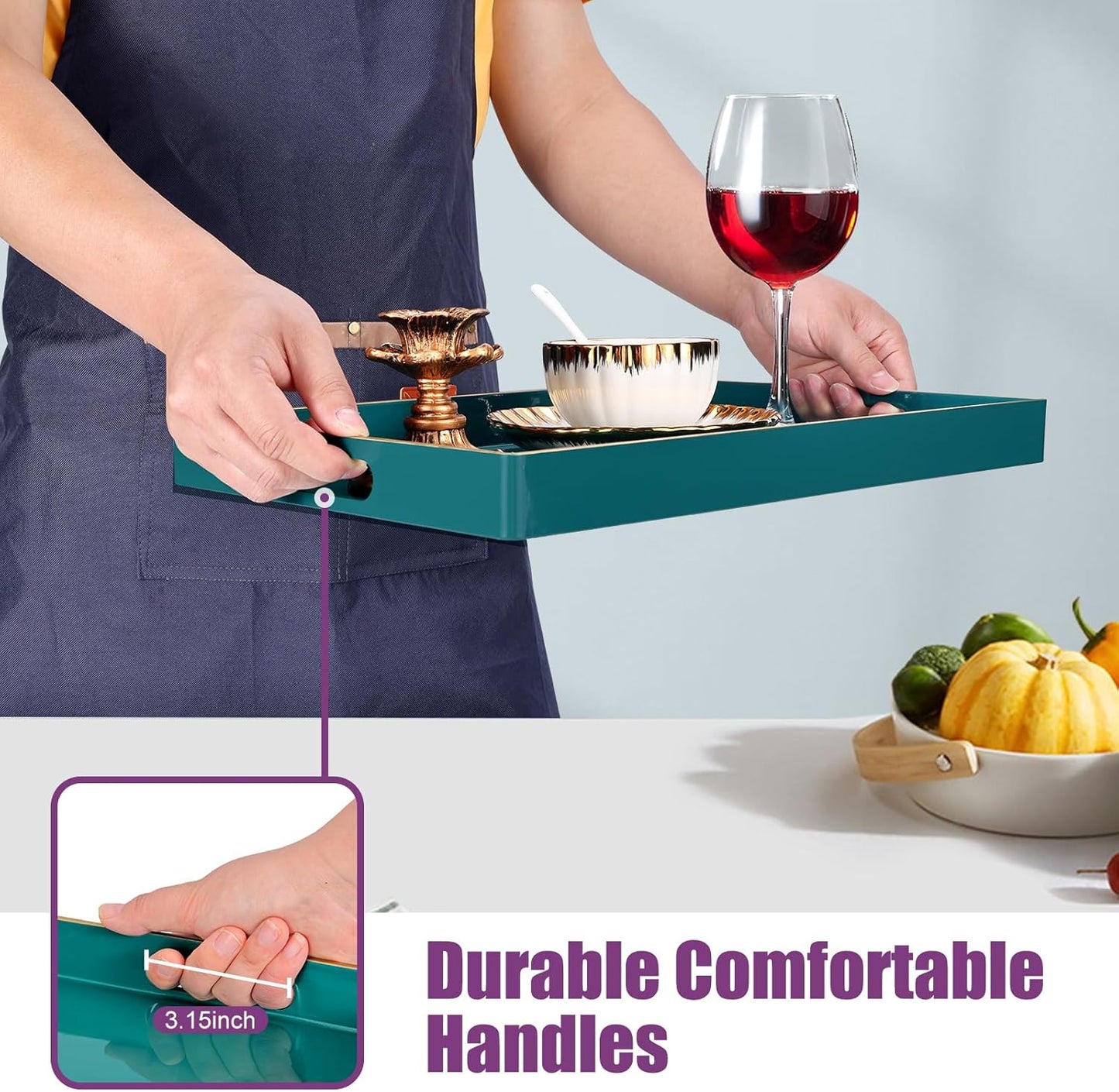 Gifturbo Teal Serving Tray,Rectangular Serving Trays with Handles, Plastic Coffee Table Tray Decorative Tray for Ottoman,Living Room, Bathroom, 15.7” x 10.2” x1.37”