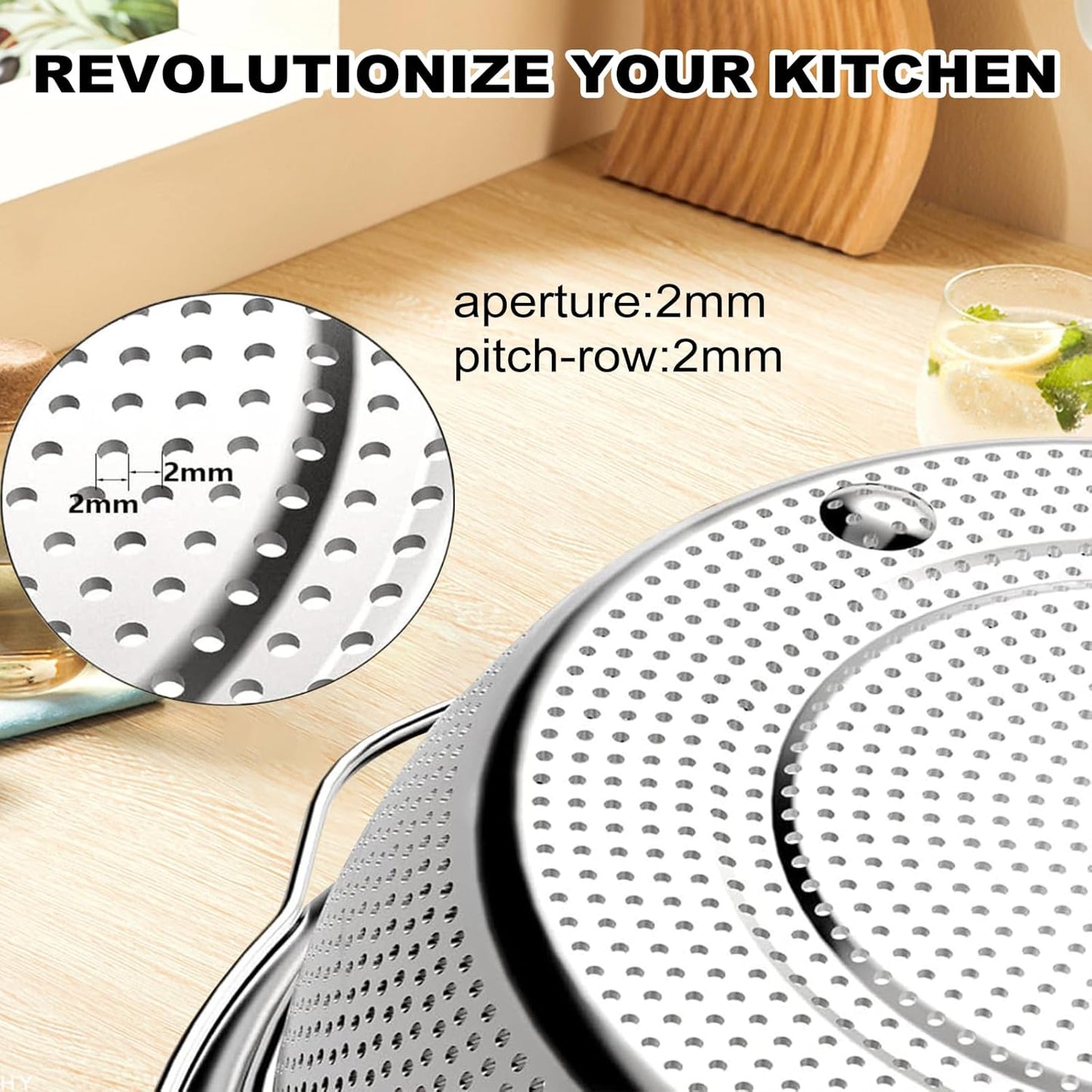 Stainless Steel Microporous Colander for Kitchen, 2.5QT Large Capacity, Colander and Bowl Set of Two, Stainless Steel Drain Basket with Mixing Bowl, for Washing Fruits and Vegetables