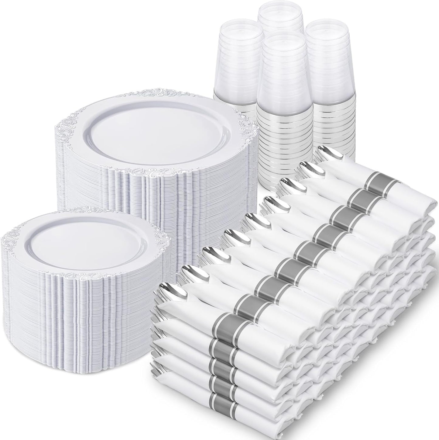 Nervure 700PCS Silver Plastic Plates - Silver Plastic Dinnerware Sets for 100 Guests - 200 Disposable Plates, 300 Silverware, 100 Cups, 100 Napkins for Wedding & Party