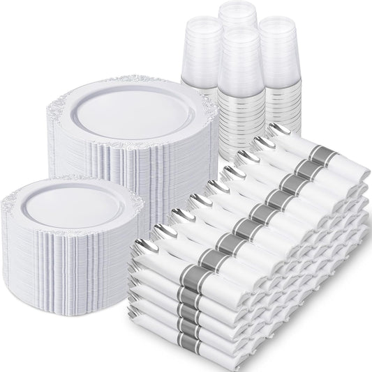 Nervure 700PCS Silver Plastic Plates - Silver Plastic Dinnerware Sets for 100 Guests - 200 Disposable Plates, 300 Silverware, 100 Cups, 100 Napkins for Wedding & Party