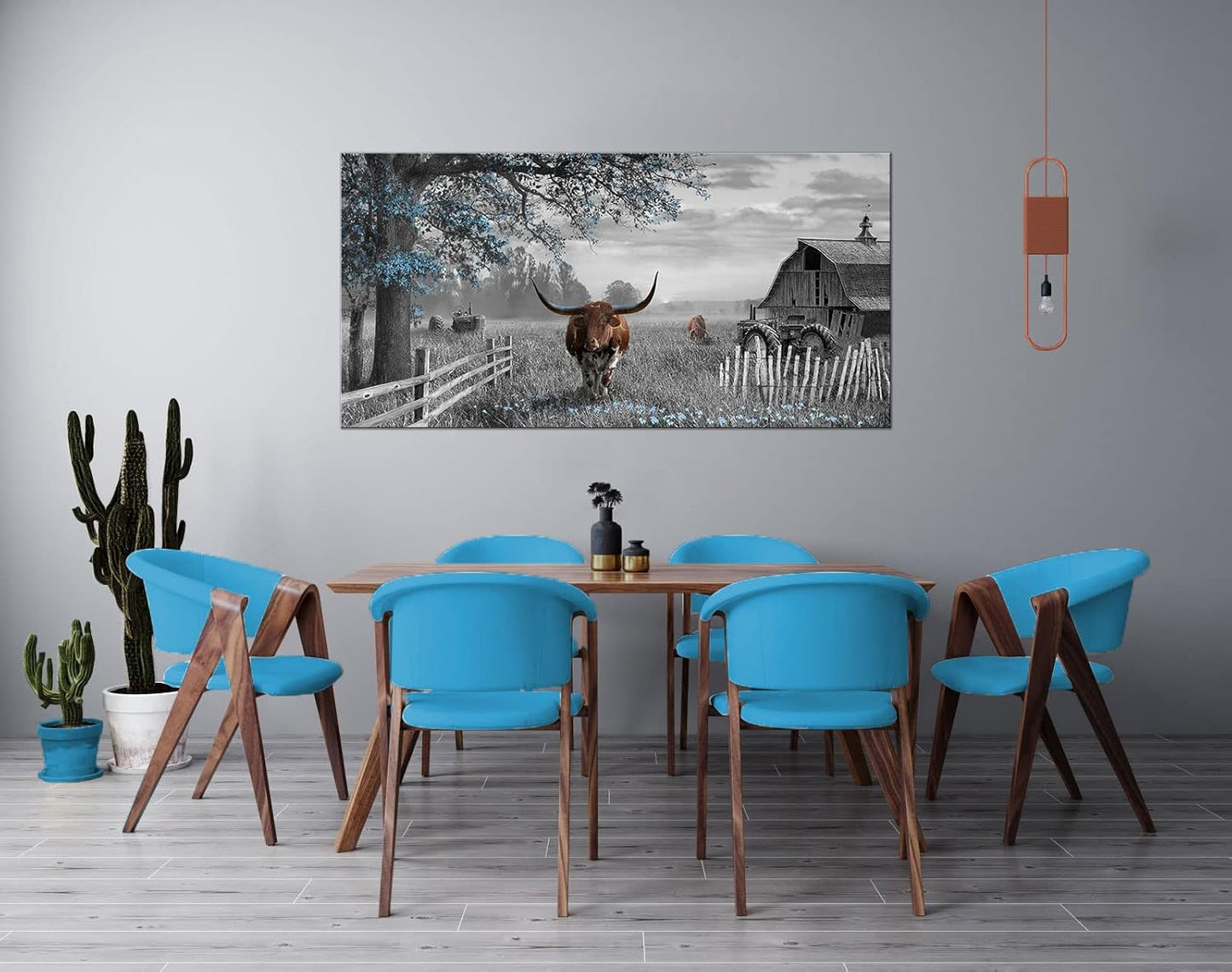 yiijeah Western Home Decor - Cow Picture Rustic Wall Art - 48x24 Inches Longhorn Wall Decor Living Room Bedroom Canvas Framed Artwork Farmhouse Wall Decor