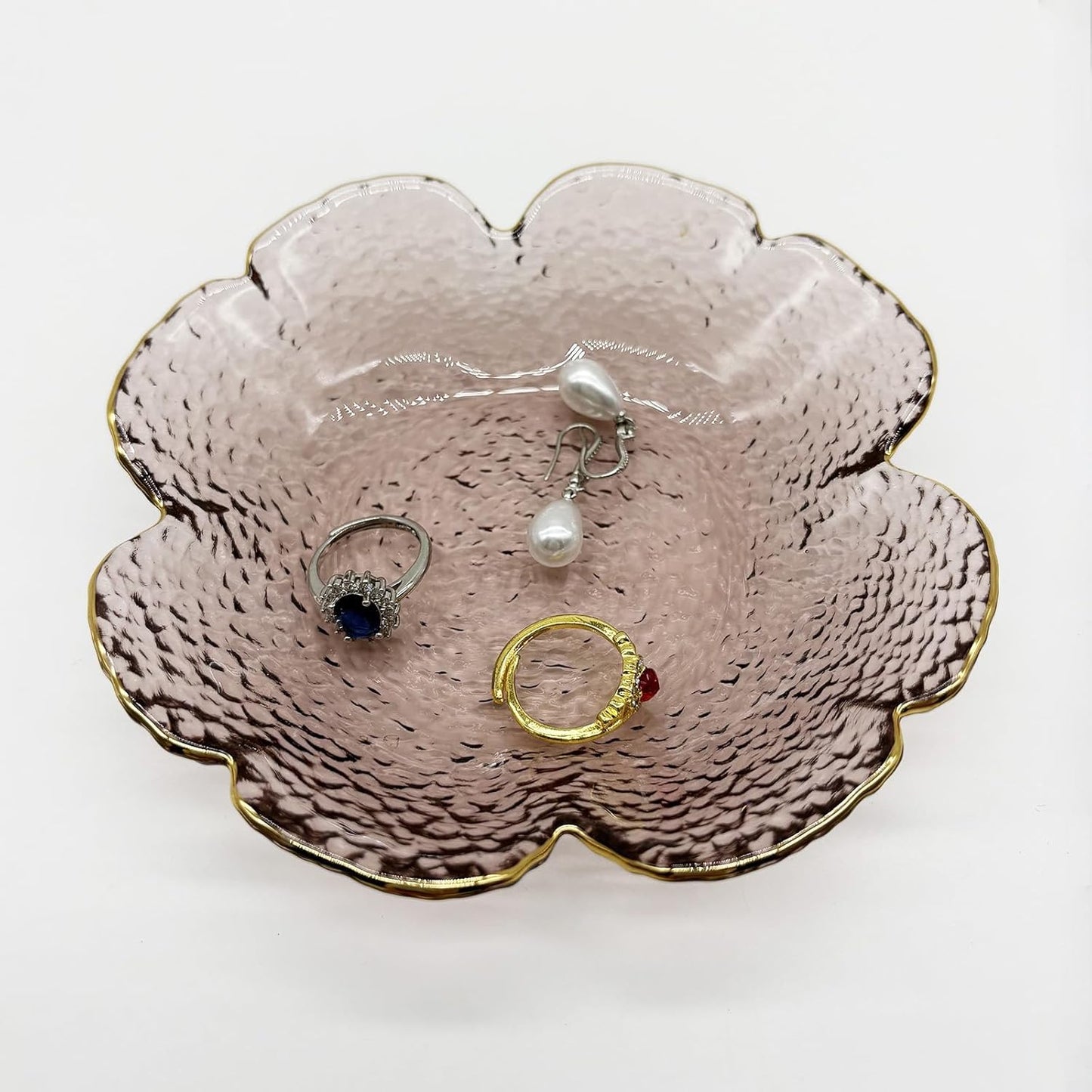 Pink Small Ring Dish, Flower Glass Jewelry Dish Tray, Crystal Jewlery Ring Holder Dish, Vanity Decorative Dish Trinket Tray, Engagement Gift Jewelry Plate for Rings,Earrings, Entryway Key Bowl