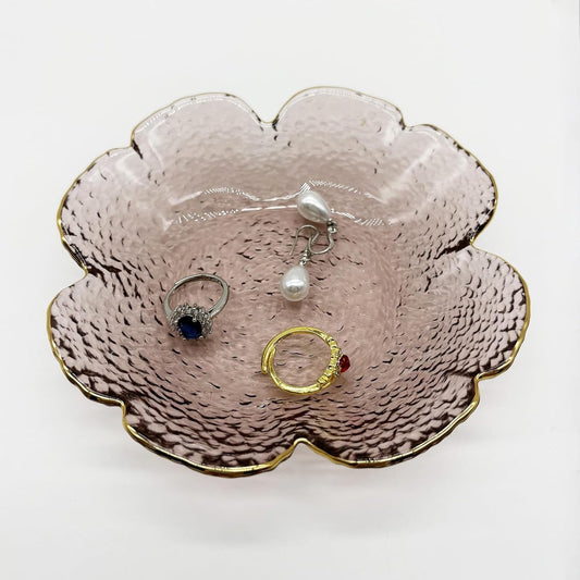 Pink Small Ring Dish, Flower Glass Jewelry Dish Tray, Crystal Jewlery Ring Holder Dish, Vanity Decorative Dish Trinket Tray, Engagement Gift Jewelry Plate for Rings,Earrings, Entryway Key Bowl