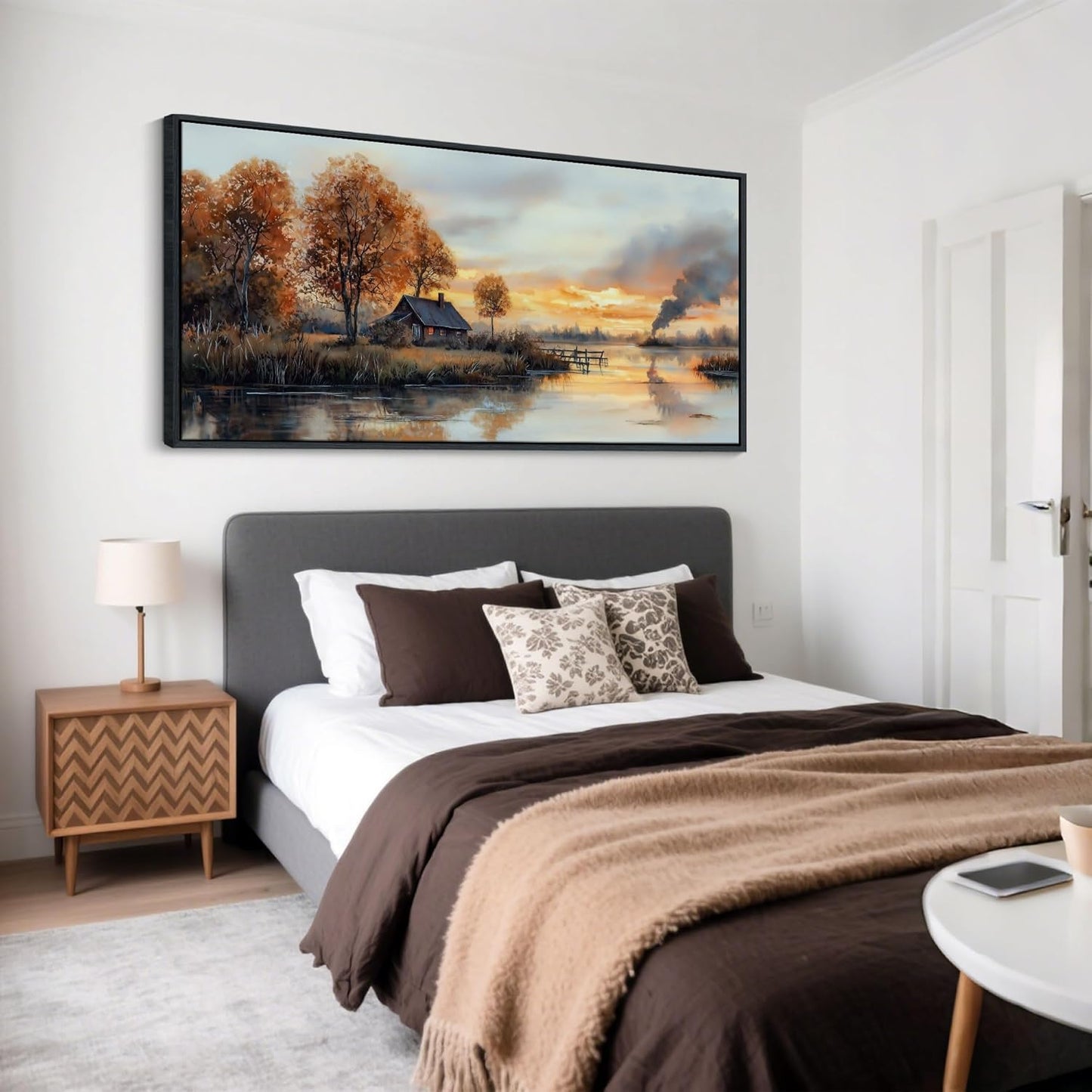 QZQCBLC Lake View Canvas Wall Art, Sunset Clouds Tree Cabin Orange Tone Landscape Wall Pictures Large Farmhouse Style Painting Framed Artwork for Living room Bedroom kitchen Home Office Decor 24x48 IN