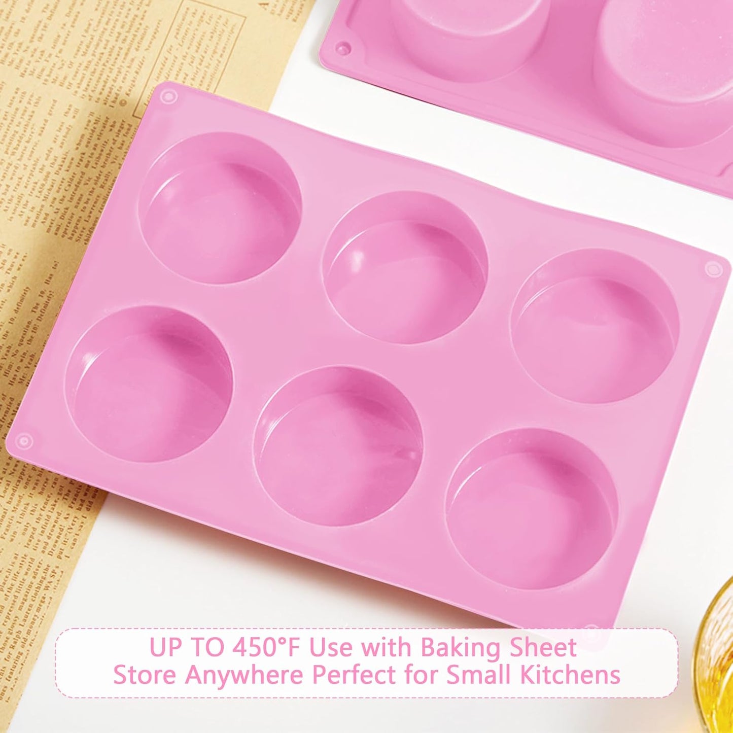3-Pack Jumbo 6-Cup Silicone Muffin Pan - Non-Stick Baking Mold for Cupcakes, Muffin Cupcake Pans Molds for Baking, Cornbread, Eggs - Pink