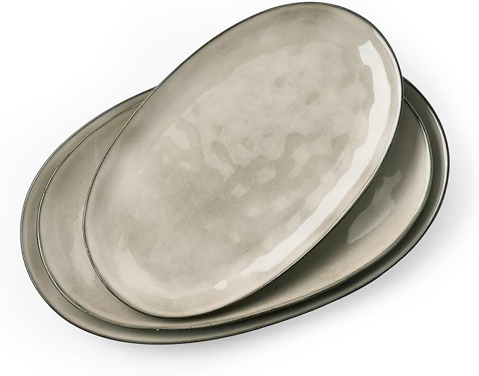 famiware Serving Platter, Oval 15.59/14.3/12.9 inch Serving Dishes for Entertaining, Serving Bowls, Dishwasher Safe, Stonware Serving Trays for Party, Turkey, Cheese, Reactive Glaze, Light khaki