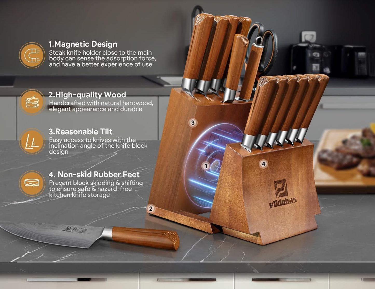 Kitchen Knife Sets With Block, Piklohas 15 Pieces Knife Sets With Magnetic Detachable Knife Holder, High Carbon Steel Damascus Pattern Chef Knife Set With Steak Knives, Ideal For House Warming Gift