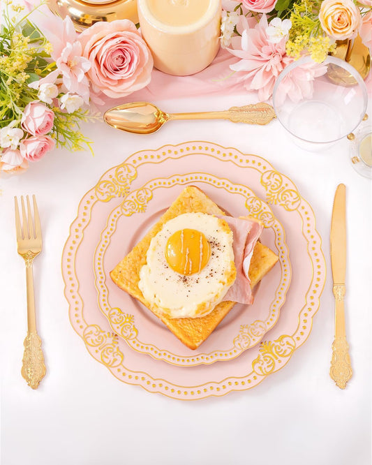 Ciaell 350 PCS Pink Plastic Plates - Pink and Gold Disposable Plates Include 50 Disposable Plate, 150 Heavy Duty Silverware, 50 Cups, 50 Napkins for Wedding & Party & Anniversary