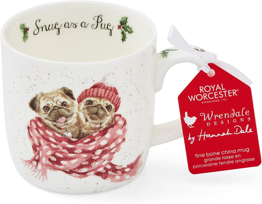 Royal Worcester Wrendale Designs 14 oz Mug, Snug As A Pug with Dog Illustration - Floral Animal Mug for Cottagecore Kitchens - Microwave, Dishwasher, Freezer Safe Fine Bone China Drinkware
