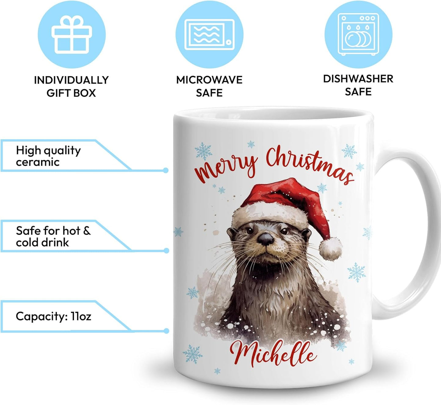 Hyturtle Personalized Gifts Otter Lover - Otter Wearing Santa Hat Custom Name Ceramic Coffee Mug Cup 11oz - Cute Animal Lovers Gifts For Women, Girl kids Family On Birthday, Christmas
