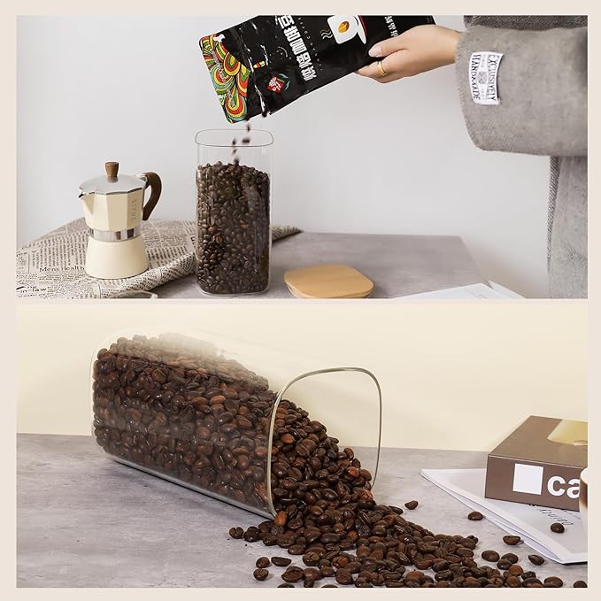 50oz Glass Food Storage Jars Set of 6,Glass Storage Containers Clear Glass Food Canister with Bamboo Lid Airtight For Serving Tea, Coffee, Flour, Sugar, Candy, Cookie, Spice and More (Square)