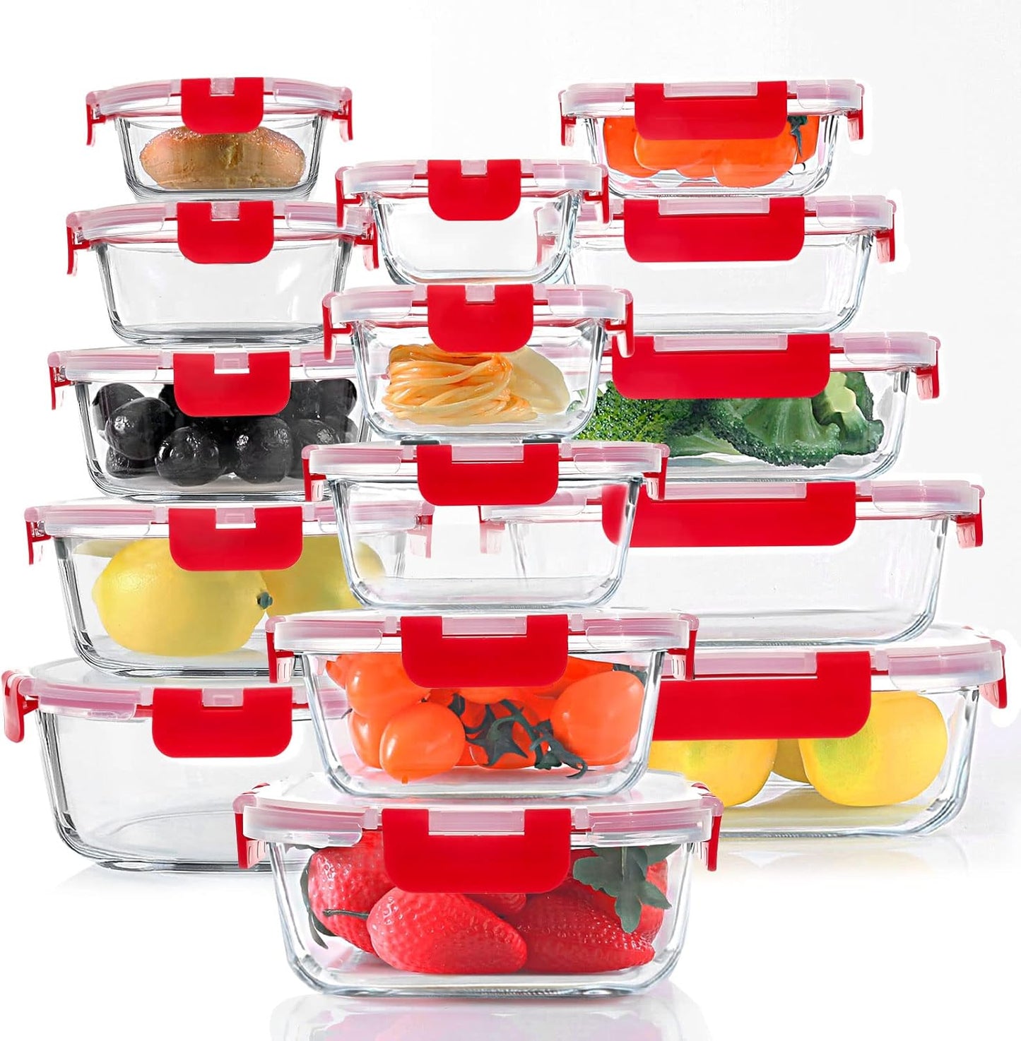 KOMUEE 30 Pieces Glass Food Storage Containers Set, Meal Prep Containers Set with Snap Locking Lids, Airtight Glass Lunch Containers, Microwave, Oven, Freezer & Dishwasher, Red
