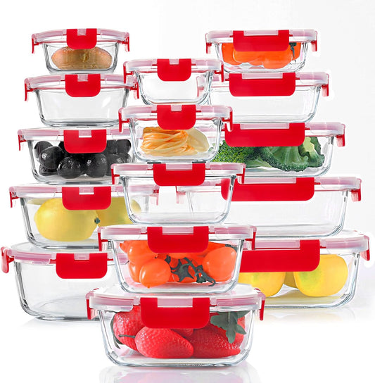 KOMUEE 30 Pieces Glass Food Storage Containers Set, Meal Prep Containers Set with Snap Locking Lids, Airtight Glass Lunch Containers, Microwave, Oven, Freezer & Dishwasher, Red