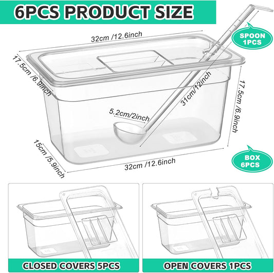 6 Pack Plastic Food Pans with Lids, 1/3 Size 6'' Deep Clear Commercial Stackable Polycarbonate Pans Hotel Food Storage Pan with 1 Pcs Spoon for Fruits Vegetables