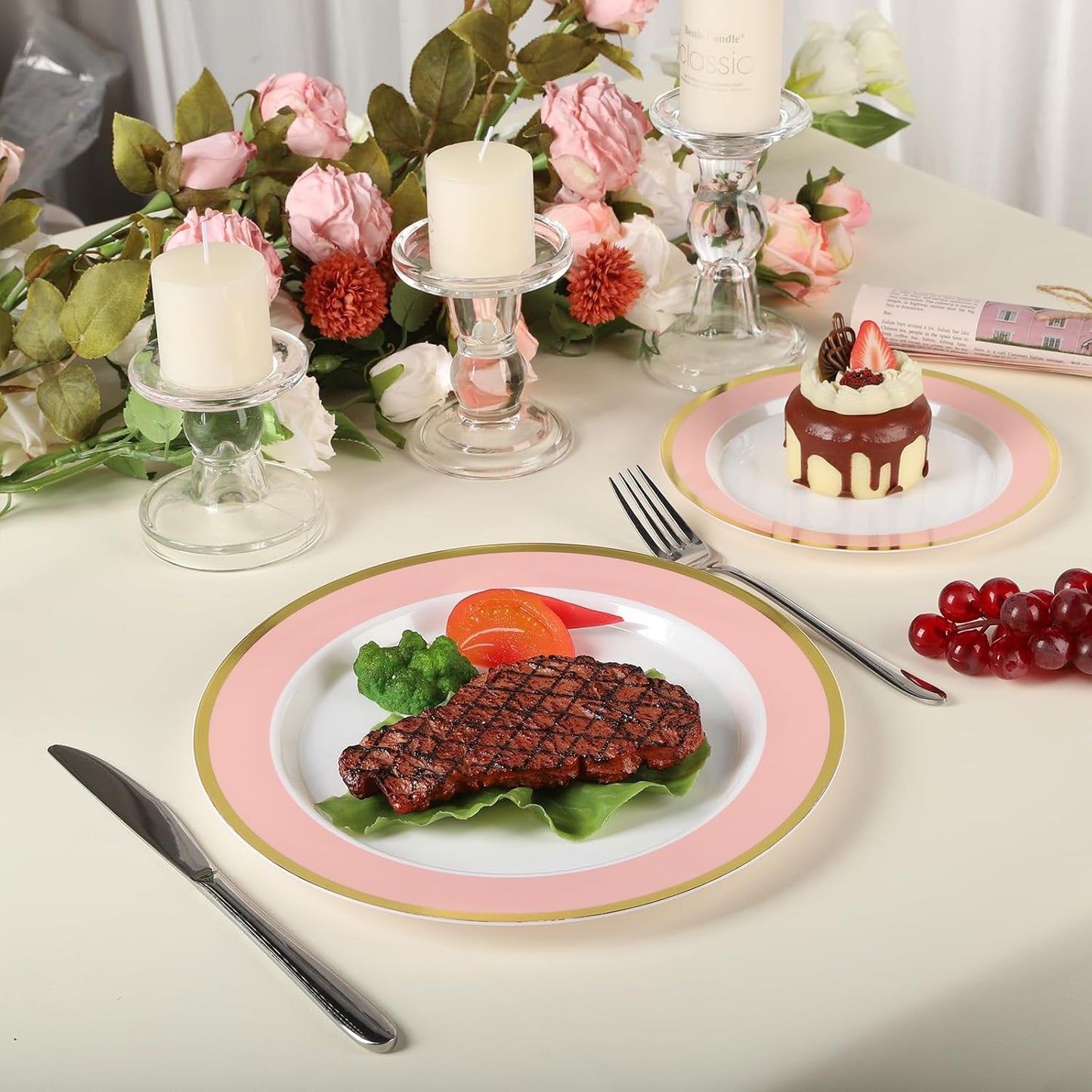 100PCS Pink Disposable Plastic Plates Include 50PCS 10.25inch Dinner Plate and 50PCS 7.5inch Dessert Plate Heavy Duty Plastic Dinnerware for Party Wedding Anniversary New Year