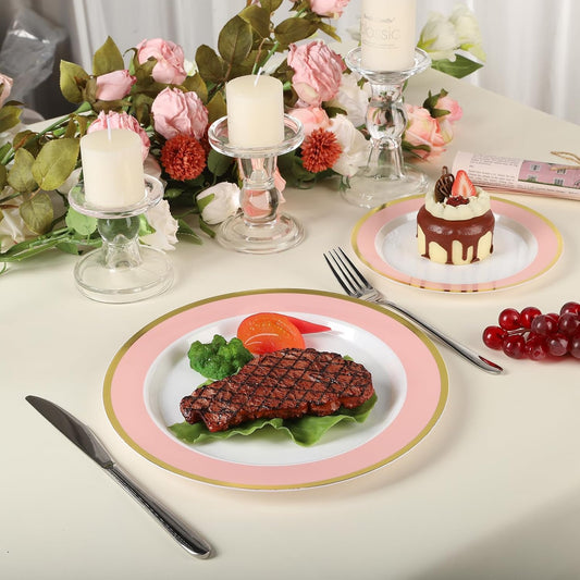 100PCS Pink Disposable Plastic Plates Include 50PCS 10.25inch Dinner Plate and 50PCS 7.5inch Dessert Plate Heavy Duty Plastic Dinnerware for Party Wedding Anniversary New Year