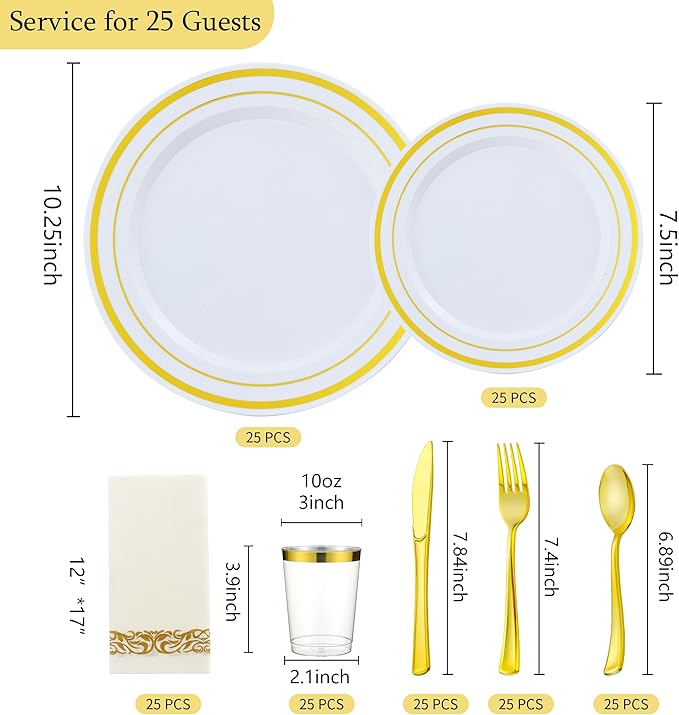 175 PCS Gold Dinnerware Set for 25 Guests, Gold Rimmed White Heavy Duty Plastic Disposable Plates for Party Wedding with 25 Dinner Plates,Dessert Plates, Silverware Set, Cups, Napkins