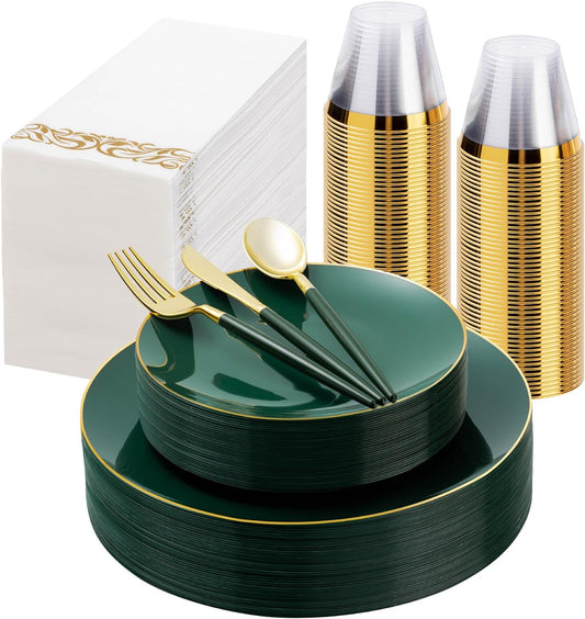 175 Pieces Green Gold Plastic Dinnerware Set, Gold Disposable Plates for Party, Include 50 Green Plates with 75 Plastic Cutlery, 25 Napkins and 25 Cups